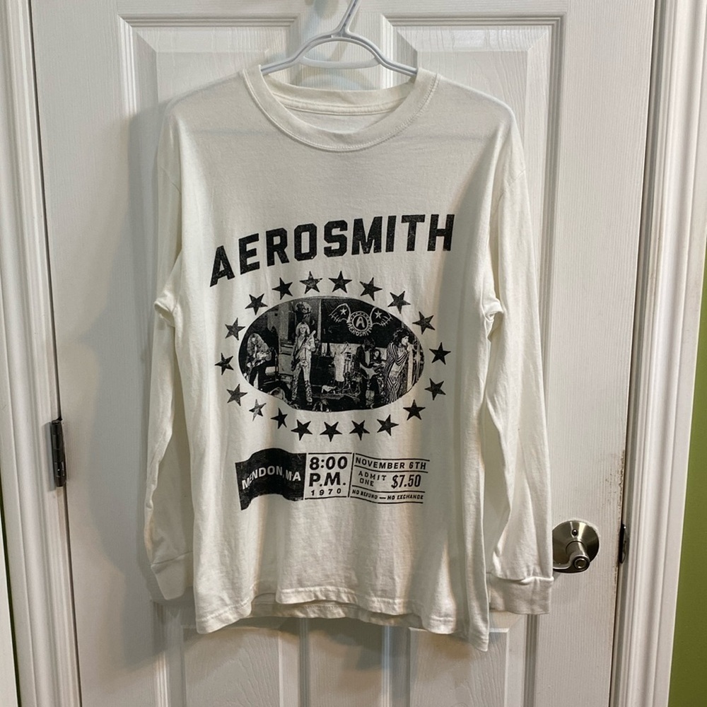 Aerosmith Rock Out Boston 1970 Adult Long Sleeve Tee Shirt White Black Medium